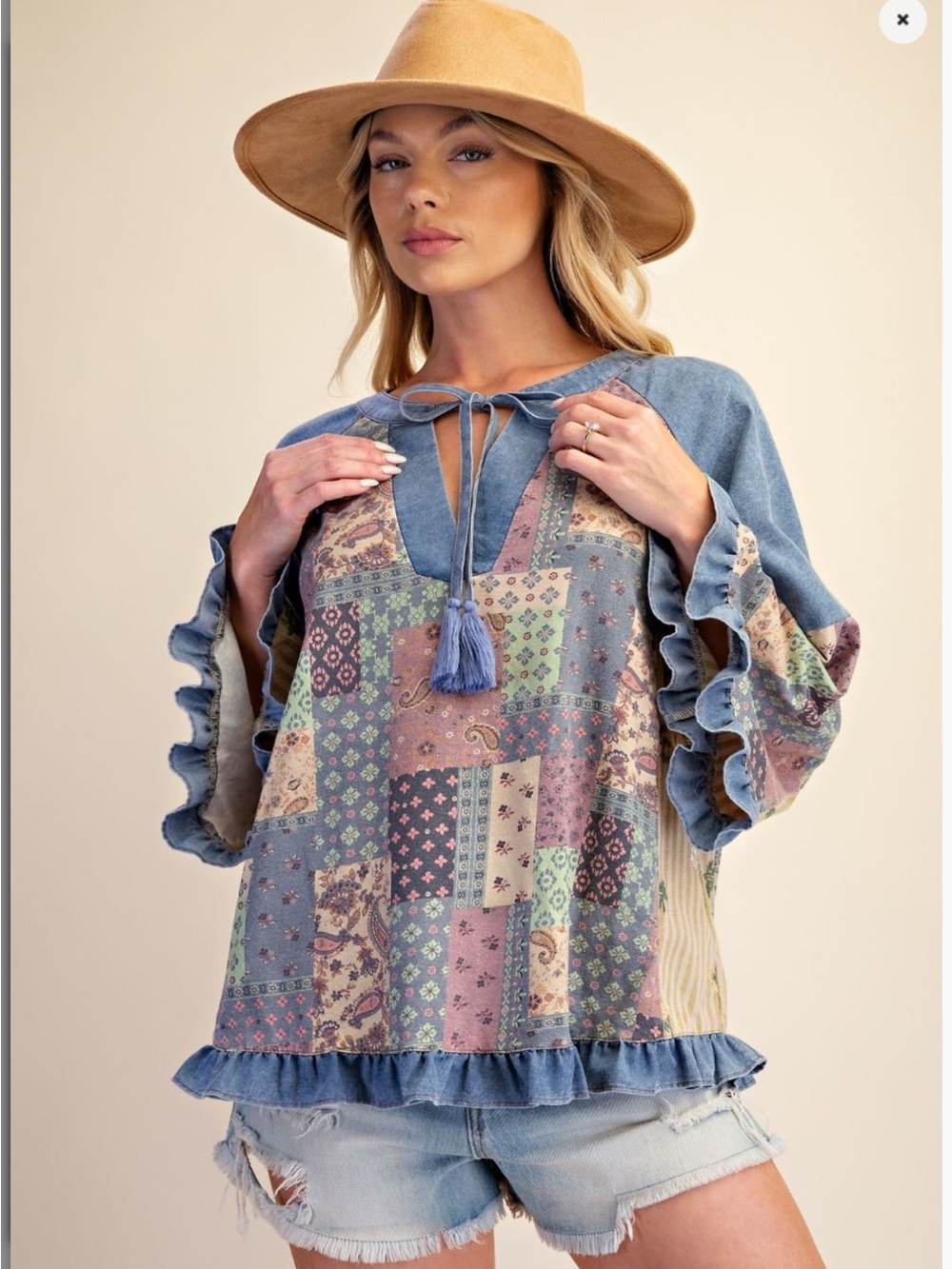 Easel Patchwork Ruffle-Sleeve Top - Picture 4 of 4